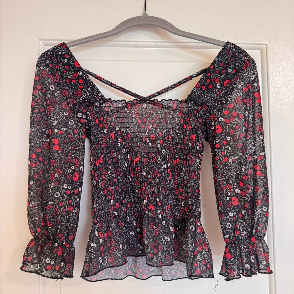 Topshop Black Sheer Floral Smocked Peasant Blouse with Red Accents